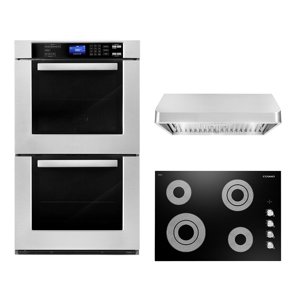 Cosmo 3 Piece Kitchen Appliance Package With 30" Electric Cooktop 30" Under Cabinet Range Hood 30" Double Electric Wall Oven Kitchen Appliance Bundles