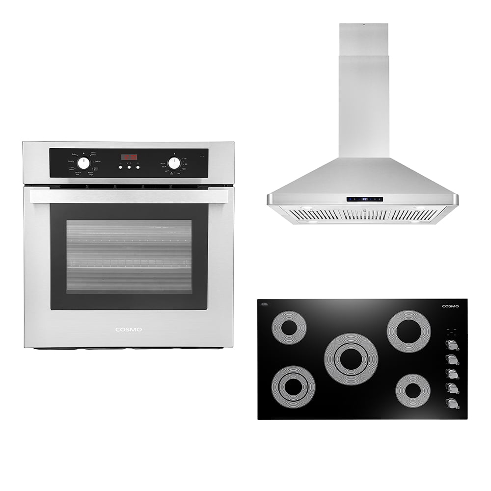 Cosmo 3 Piece Kitchen Appliance Package With 36" Electric Cooktop 36" Island Range Hood 24" Single Electric Wall Oven Kitchen Appliance Bundles