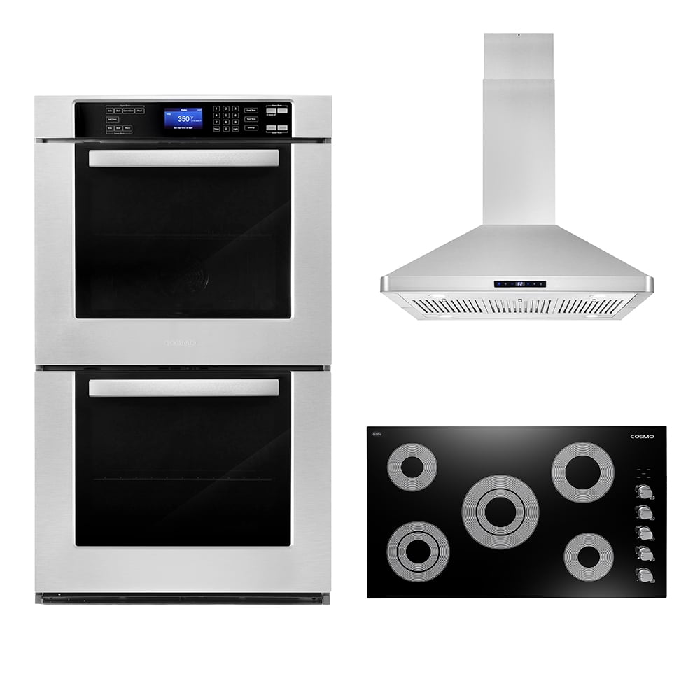 Cosmo 3 Piece Kitchen Appliance Package With 36" Electric Cooktop 36" Island Range Hood 30" Double Electric Wall Oven Kitchen Appliance Bundles