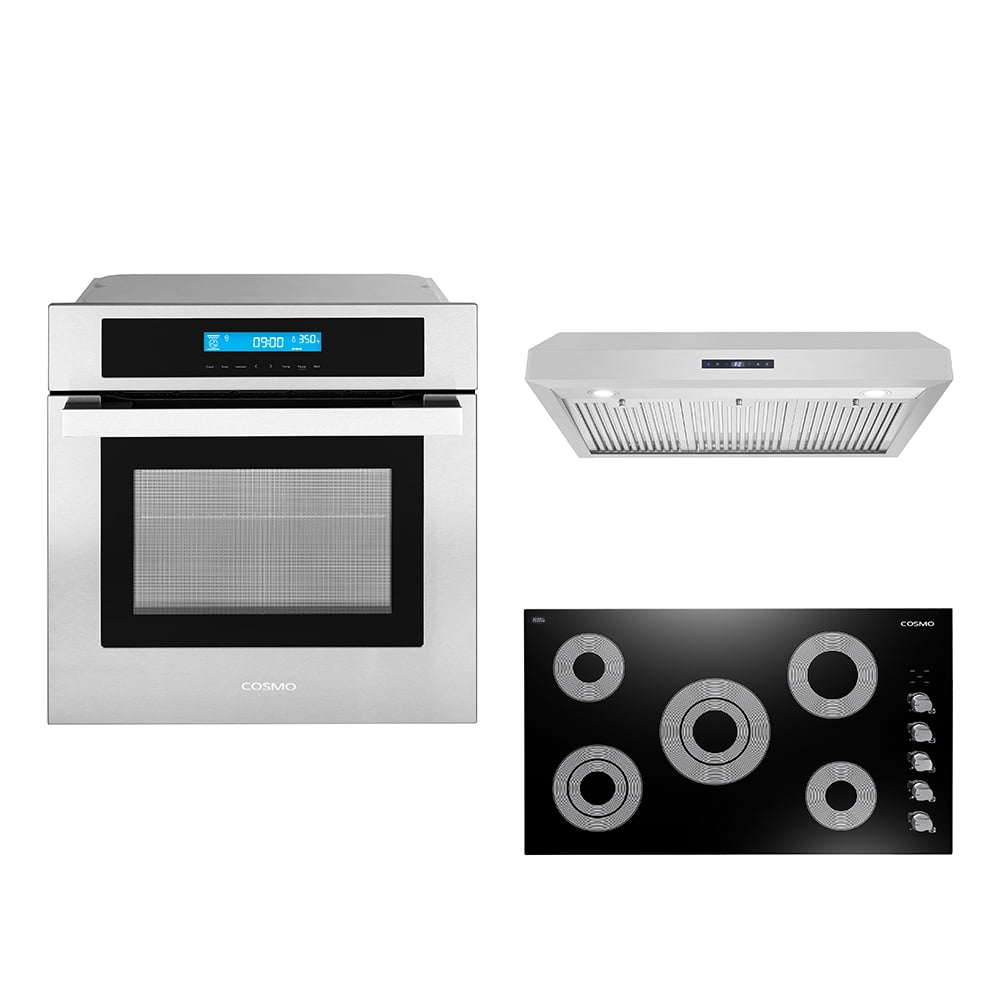 Cosmo 3 Piece Kitchen Appliance Package With 36" Electric Cooktop 36" Under Cabinet Range Hood 24" Single Electric Wall Oven Kitchen Appliance Bundles
