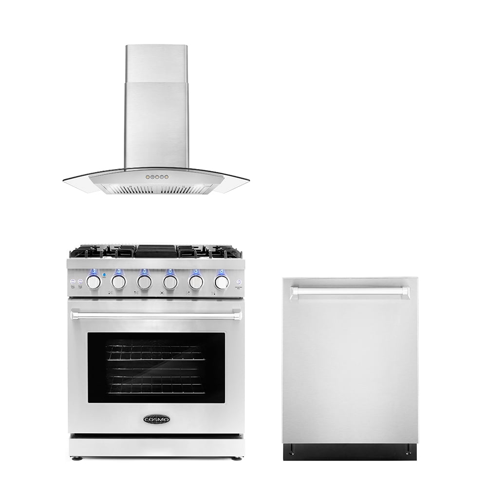 Cosmo 3 Piece Kitchen Appliance Packages with 30" Freestanding Gas Range Kitchen Stove 30" Wall Mount Range Hood & 24" Built-in Fully Integrated Dishwasher Kitchen Appliance Bundles