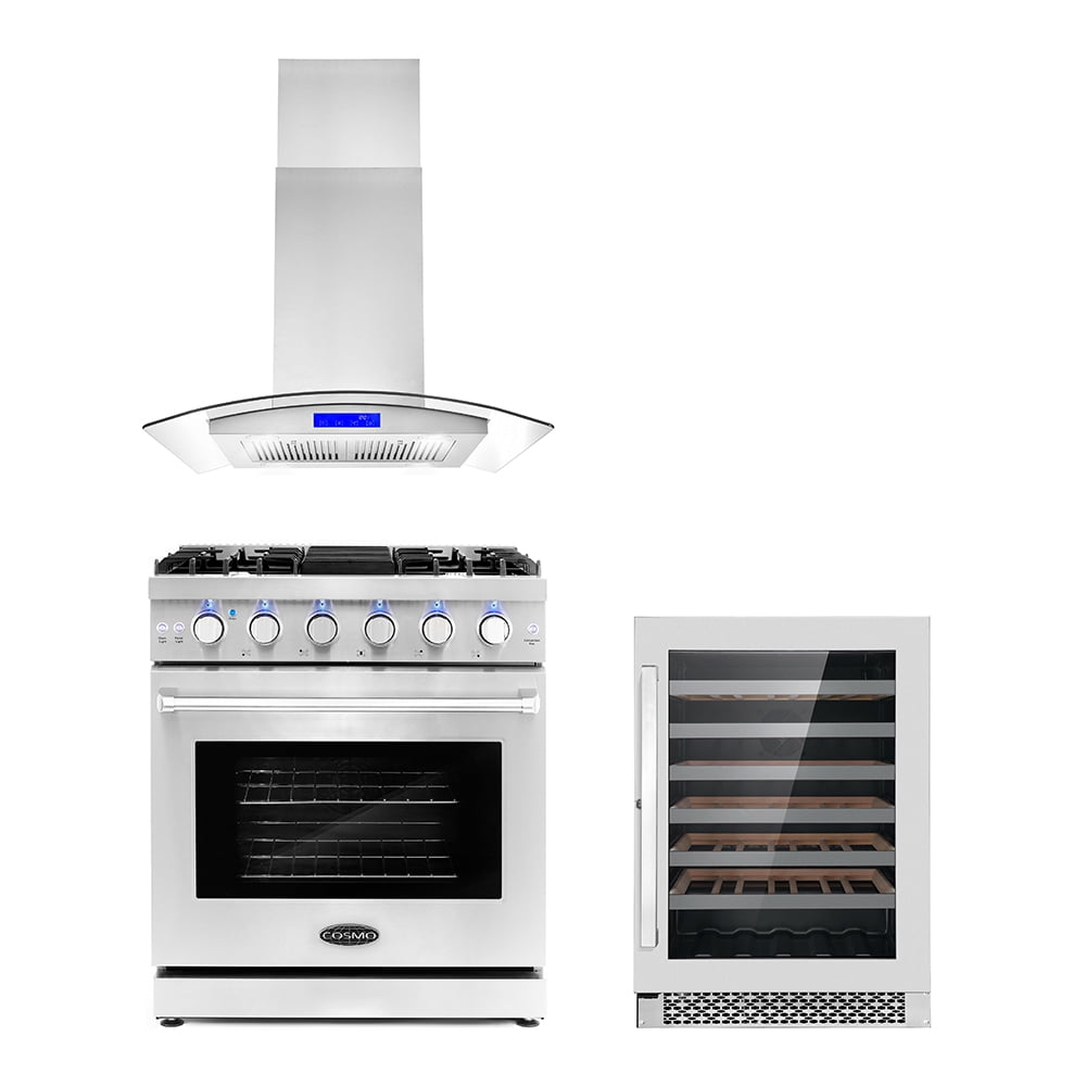 Cosmo 3 Piece Kitchen Appliance Packages with 30" Freestanding Gas Range Kitchen Stove 30" Island Range Hood & 48 Bottle Freestanding Wine Refrigerator Kitchen Appliance Bundles