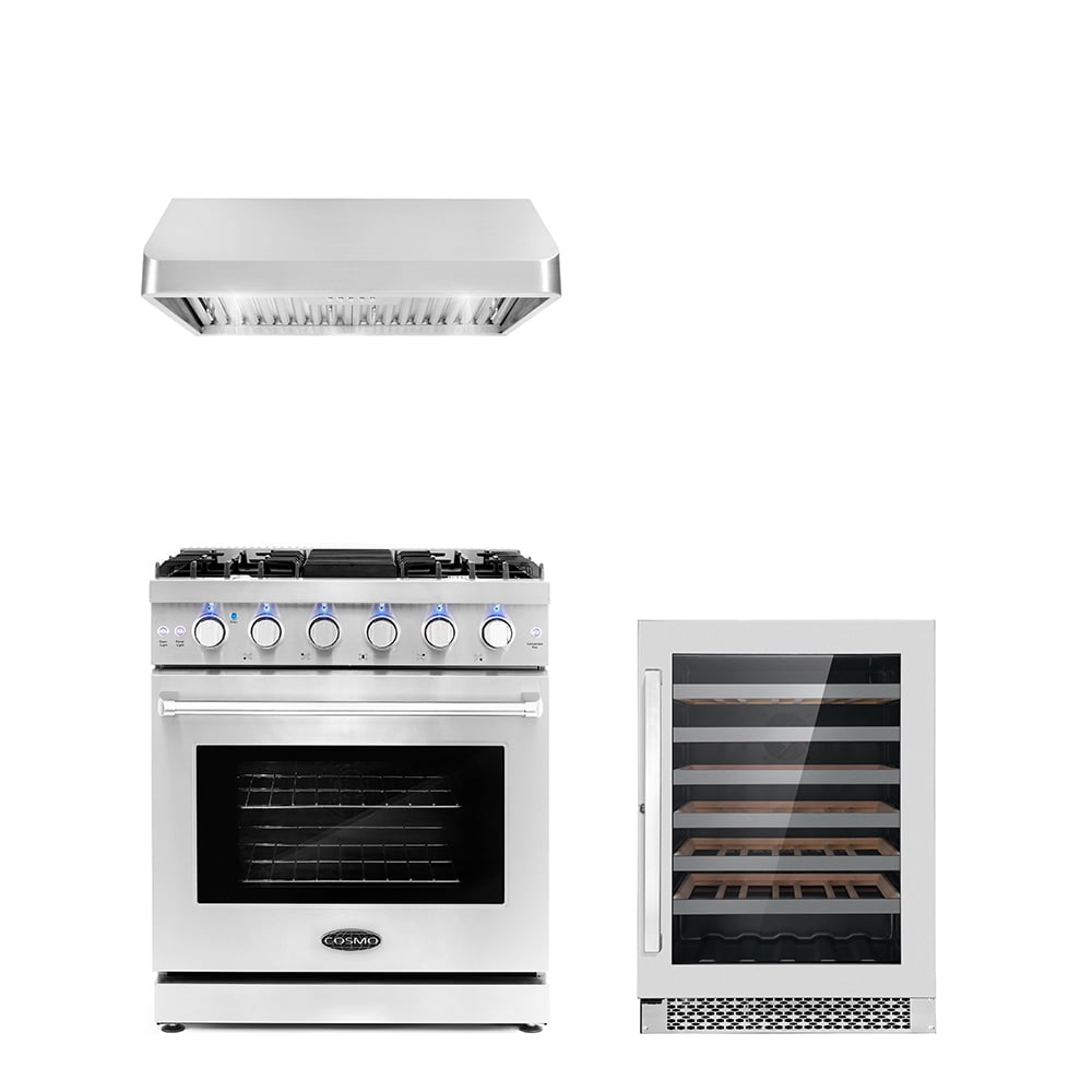 Cosmo 3 Piece Kitchen Appliance Packages with 30" Freestanding Gas Range Kitchen Stove 30" Under Cabinet Range Hood & 48 Bottle Freestanding Wine Refrigerator Kitchen Appliance Bundles