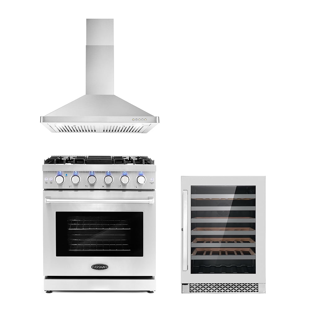 Cosmo 3 Piece Kitchen Appliance Packages with 30" Freestanding Gas Range Kitchen Stove 30" Wall Mount Range Hood & 48 Bottle Freestanding Wine Refrigerator Kitchen Appliance Bundles