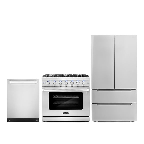 Cosmo 3 Piece Kitchen Appliance Packages with 36" Freestanding Gas Range Kitchen Stove 24" Built-in Fully Integrated Dishwasher & French Door Refrigerator Kitchen Appliance Bundles
