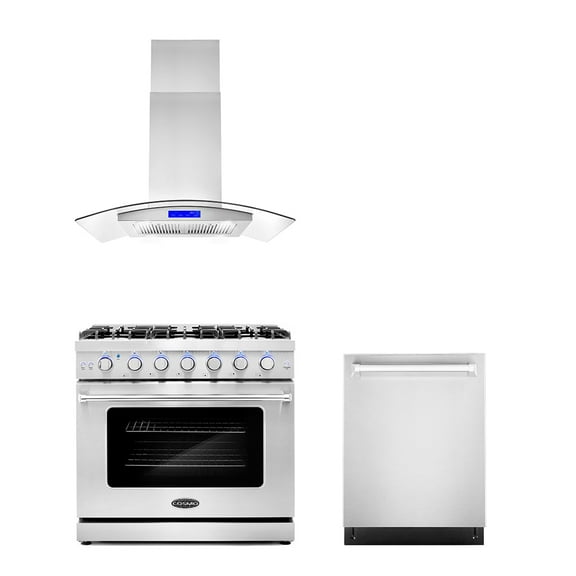 Cosmo 3 Piece Kitchen Appliance Packages with 36" Freestanding Gas Range Kitchen Stove 36" Island Range Hood & 24" Built-in Fully Integrated Dishwasher Kitchen Appliance Bundles