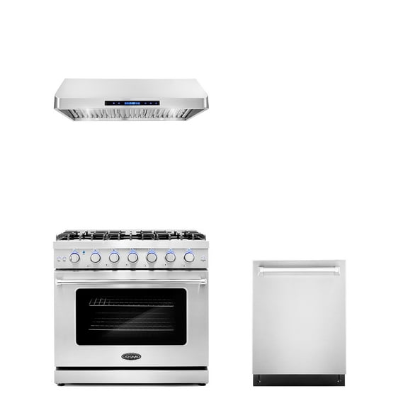 Cosmo 3 Piece Kitchen Appliance Packages with 36" Freestanding Gas Range Kitchen Stove 36" Under Cabinet Range Hood & 24" Built-in Fully Integrated Dishwasher Kitchen Appliance Bundles