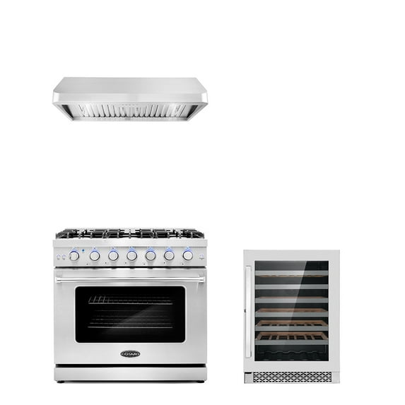 Cosmo 3 Piece Kitchen Appliance Packages with 36" Freestanding Gas Range Kitchen Stove 36" Under Cabinet Range Hood & 48 Bottle Freestanding Wine Refrigerator Kitchen Appliance Bundles