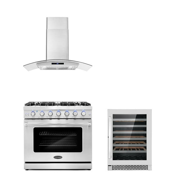 Cosmo 3 Piece Kitchen Appliance Packages with 36" Freestanding Gas Range Kitchen Stove 36" Wall Mount Range Hood & 48 Bottle Freestanding Wine Refrigerator Kitchen Appliance Bundles