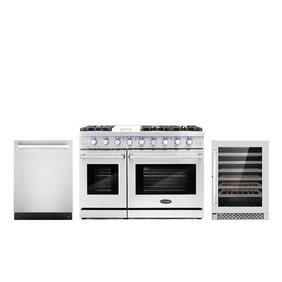 Cosmo 3 Piece Kitchen Appliance Packages with 48" Freestanding Dual Fuel Range Kitchen Stove 24" Built-in Fully Integrated Dishwasher & 48 Bottle Wine Refrigerator Kitchen Appliance Bundles