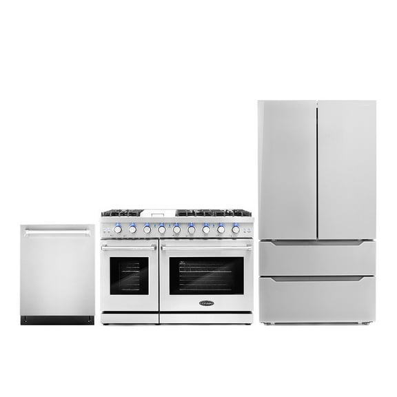 Cosmo 3 Piece Kitchen Appliance Packages with 48" Freestanding Gas Range Kitchen Stove 24" Built-in Fully Integrated Dishwasher & French Door Refrigerator Kitchen Appliance Bundles