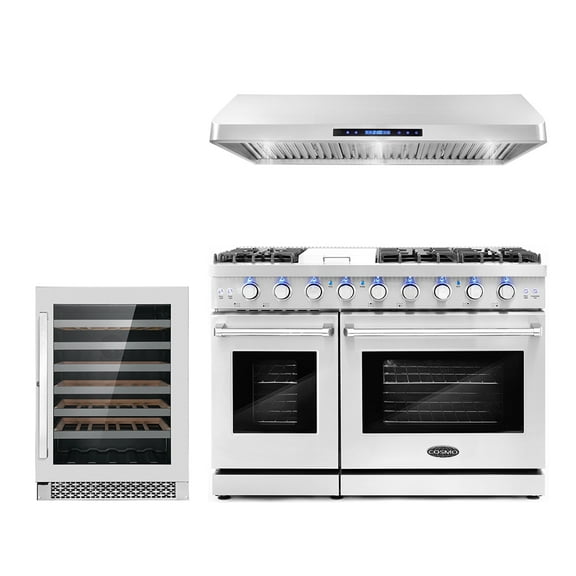 Cosmo 3 Piece Kitchen Appliance Packages with 48" Freestanding Gas Range Kitchen Stove 48" Under Cabinet Hood & 48 Bottle Freestanding Wine Refrigerator Kitchen Appliance Bundles