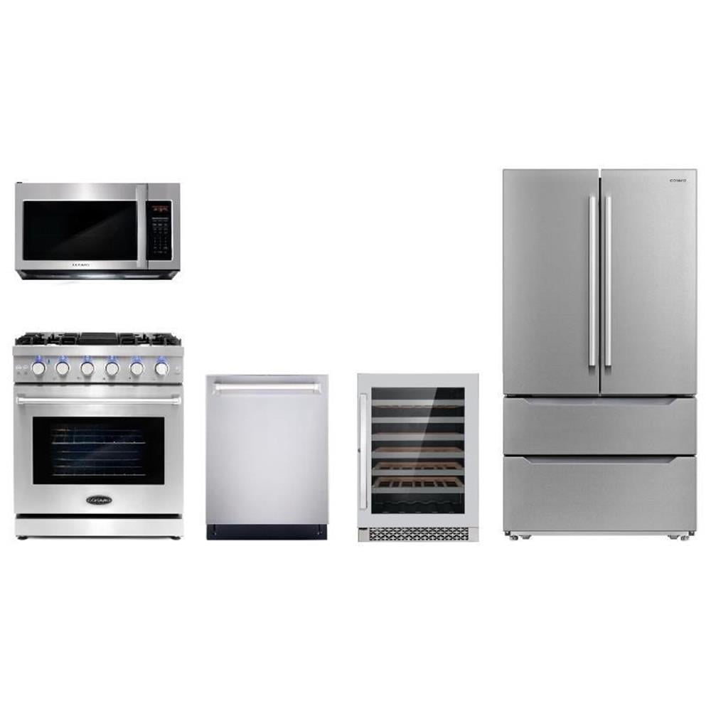 Cosmo 30" Range & Microwave w/ Vent Fan & Dishwasher & Wine Cooler & Fridge Set