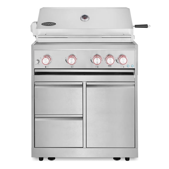 Cosmo 32 in. Newport Collection 4 Burner Propane Gas Grill and Grill Cabinet, Rotisserie, Storage Drawers, Stainless Steel