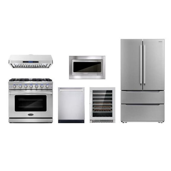Cosmo 36" Gas Range & Hood & Dishwasher & Wine Cooler & Fridge & Microwave Set
