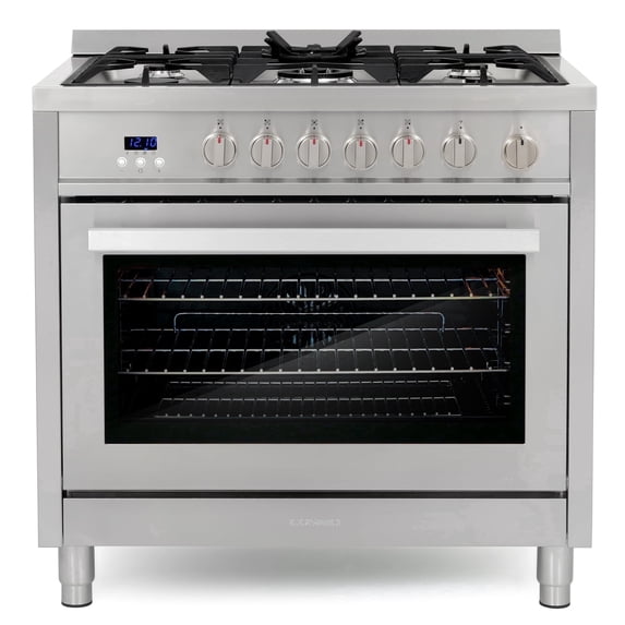 Cosmo 36 in. Nebula Collection 3.8 cu. ft. Gas Range, 5 Burners, Rapid Convection Oven, Cast Iron Grates in Stainless Steel