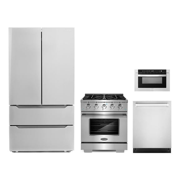 Cosmo 4 Piece Kitchen Appliance Package with 24" Built-In Microwave Drawer 30" Freestanding Gas Range 24" Built-in Integrated Dishwasher & French Door Refrigerator Kitchen Appliance Bundles