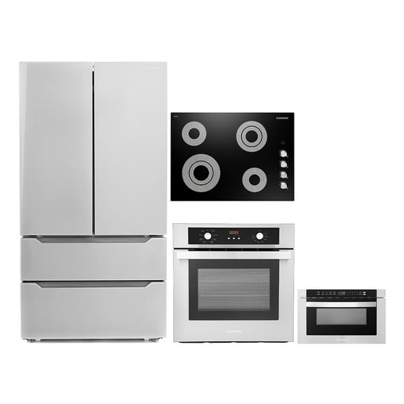 Cosmo 4 Piece Kitchen Appliance Package 30" Electric Cooktop 24" Single Electric Wall Oven 24" Built-In Microwave Drawer & French Door Refrigerator Kitchen Appliance Bundles