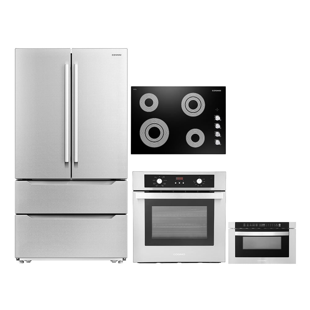 Cosmo 4 Piece Kitchen Appliance Package 30" Electric Cooktop 24" Single Electric Wall Oven 24" Built-In Microwave Drawer & French Door Refrigerator Kitchen Appliance Bundles