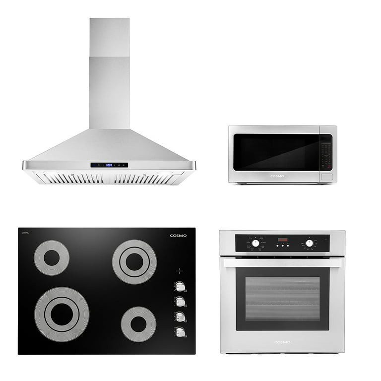 Cosmo 4 Piece Kitchen Appliance Package 30 Electric Cooktop 30 Wall Mount  Range Hood 24 Single Electric Wall Oven & 24.4 Countertop Microwave
