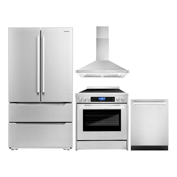 Cosmo 4 Piece Kitchen Appliance Package with 30" Freestanding Electric Range 30" Wall Mount Range Hood 24" Built-in Integrated Dishwasher & French Door Refrigerator Kitchen Appliance Bundles