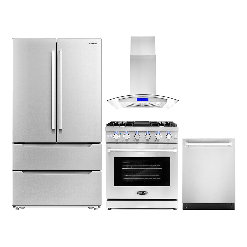 Cosmo 4 Piece Kitchen Appliance Package with 30" Freestanding Gas Range 30" Island Mount Range Hood 24" Built-in Integrated Dishwasher & French Door Refrigerator Kitchen Appliance Bundles