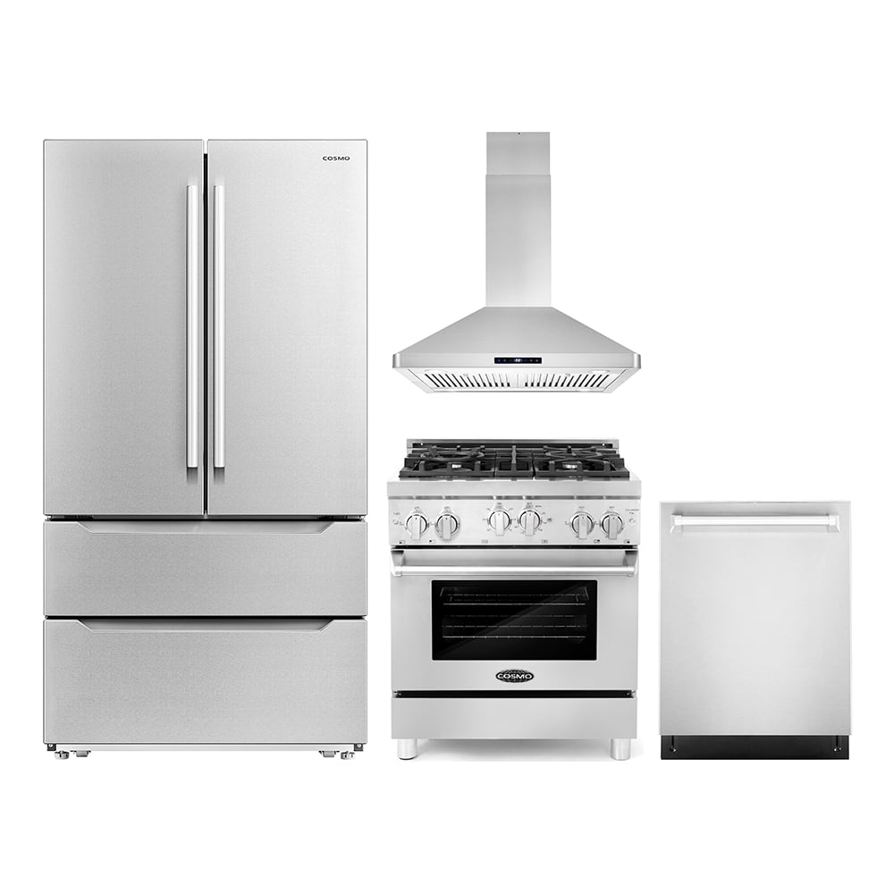 Cosmo 4 Piece Kitchen Appliance Package with 30" Freestanding Gas Range 30" Island Range Hood 24" Built-in Integrated Dishwasher & French Door Refrigerator Kitchen Appliance Bundles