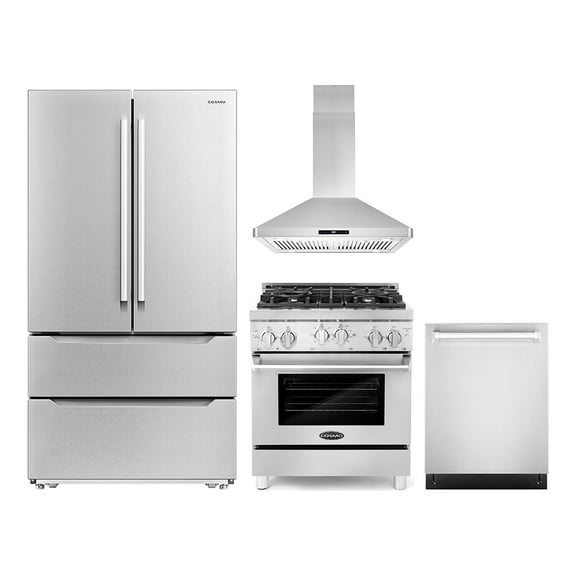 Cosmo 4 Piece Kitchen Appliance Package with 30" Freestanding Gas Range 30" Island Range Hood 24" Built-in Integrated Dishwasher & French Door Refrigerator Kitchen Appliance Bundles