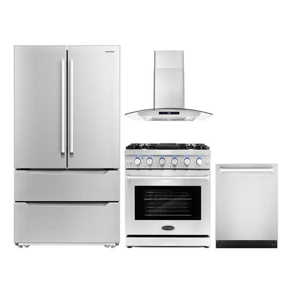 Cosmo 4 Piece Kitchen Appliance Package with 30" Freestanding Gas Range 30" Wall Mount Range Hood 24" Built-in Integrated Dishwasher & French Door Refrigerator Kitchen Appliance Bundles