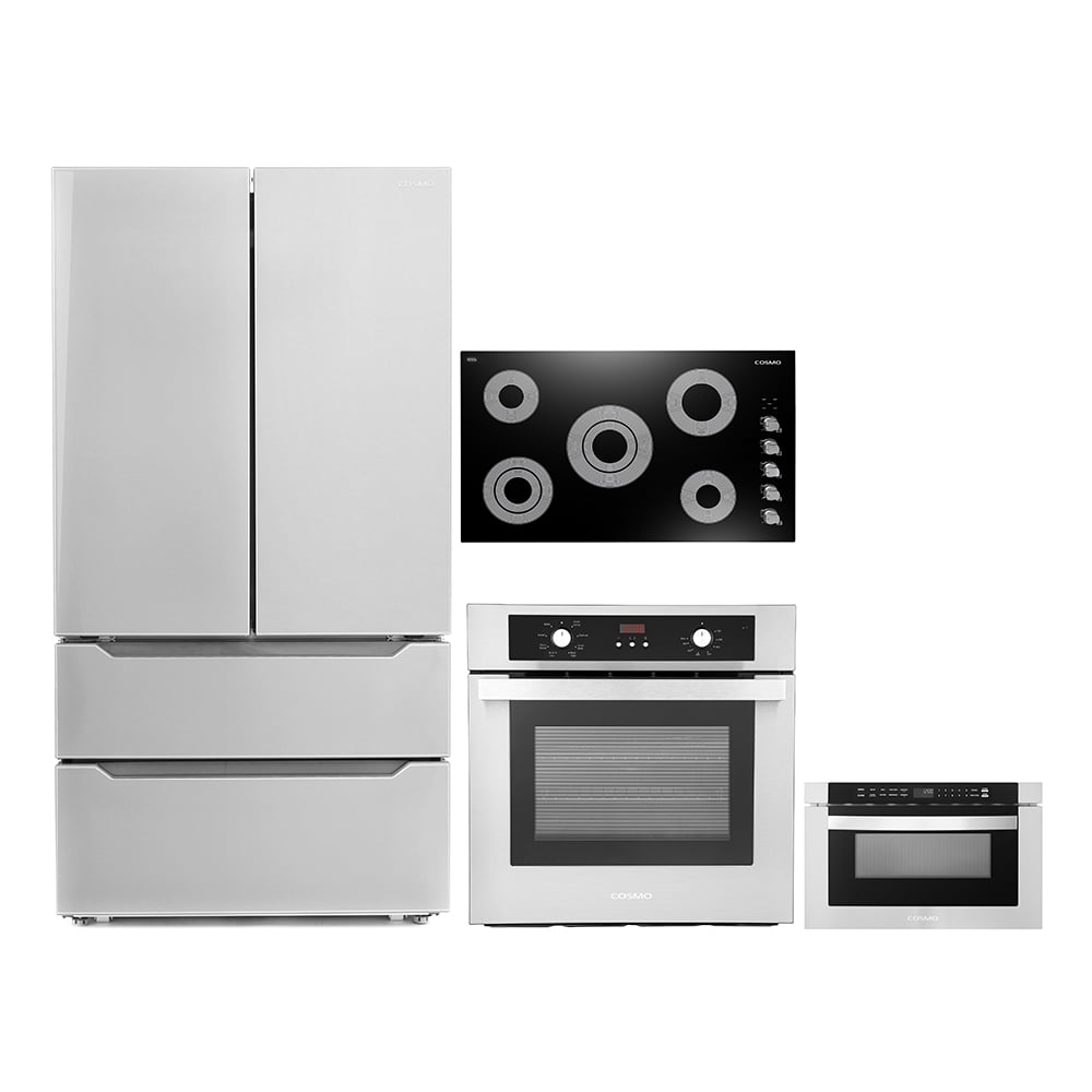 Cosmo 4 Piece Kitchen Appliance Package 36" Electric Cooktop 24" Single Electric Wall Oven 24" Built-In Microwave Drawer & French Door Refrigerator Kitchen Appliance Bundles