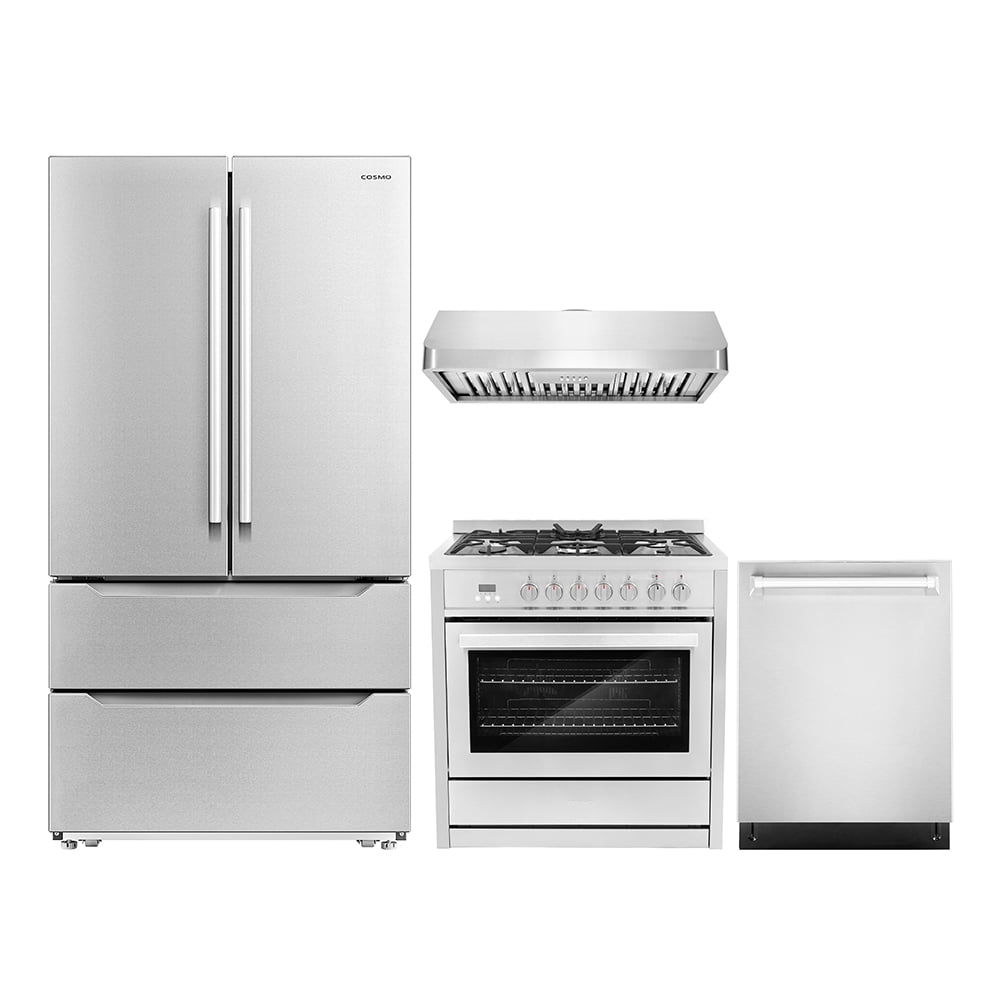 Cosmo 4 Piece Kitchen Appliance Package with 36" Freestanding Dual Fuel Range 36" Under Cabinet Mount Range Hood 24" Built-in Integrated Dishwasher & French Door Refrigerator Kitchen Appliance Bundles
