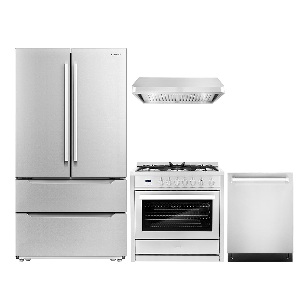 Cosmo 4 Piece Kitchen Appliance Package with 36" Freestanding Gas Range 36" Under Cabinet Range Hood 24" Built-in Integrated Dishwasher & French Door Refrigerator Kitchen Appliance Bundles