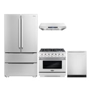 Cosmo 4 Piece Kitchen Appliance Package with 36 Freestanding Gas Range 36 Under Cabinet Range Hood 24 Built-in Integrated Dishwasher & French Door Refrigerator Kitchen Appliance Bundles