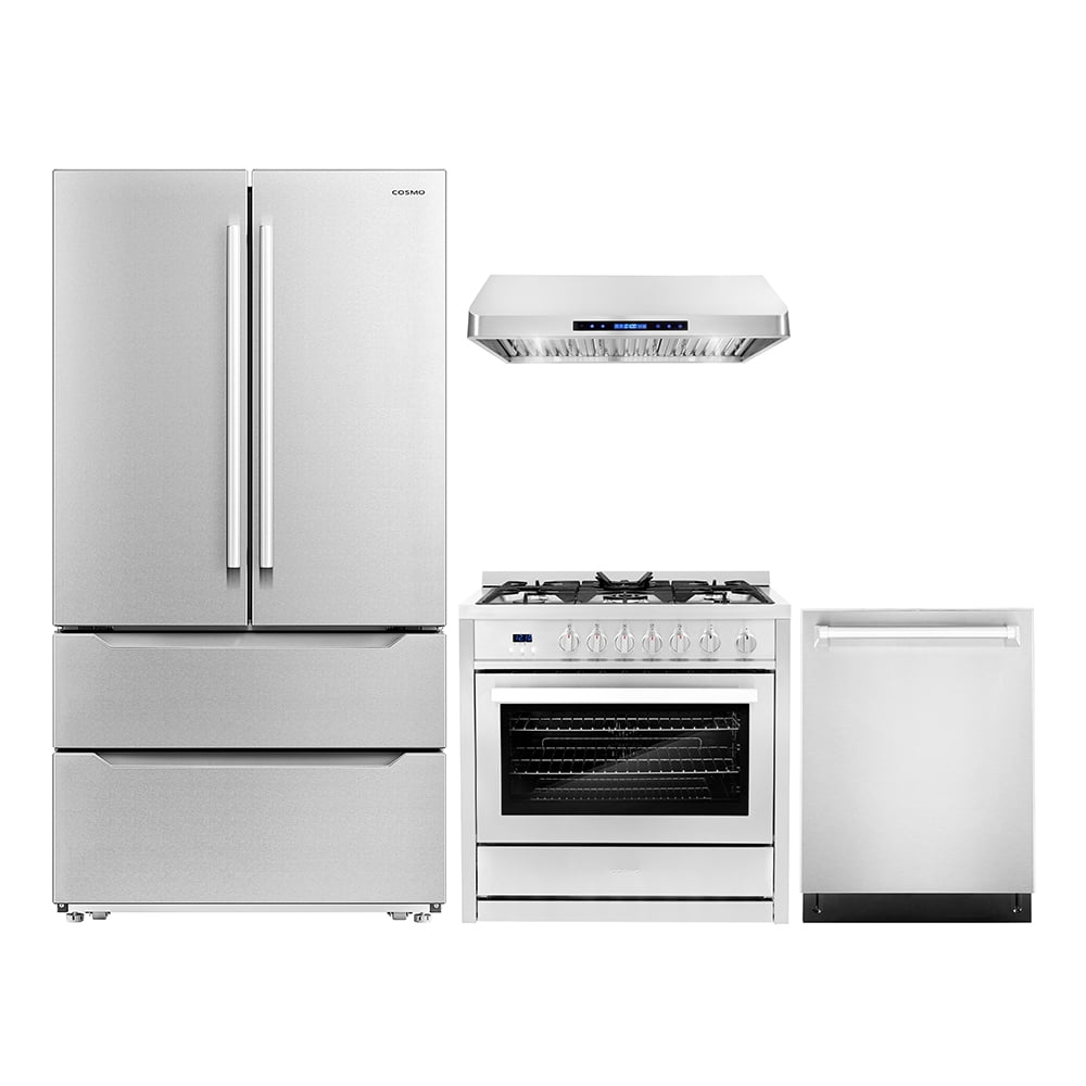 Cosmo 4 Piece Kitchen Appliance Package with 36" Freestanding Gas Range 36" Under Cabinet Range Hood 24" Built-in Integrated Dishwasher & French Door Refrigerator Kitchen Appliance Bundles