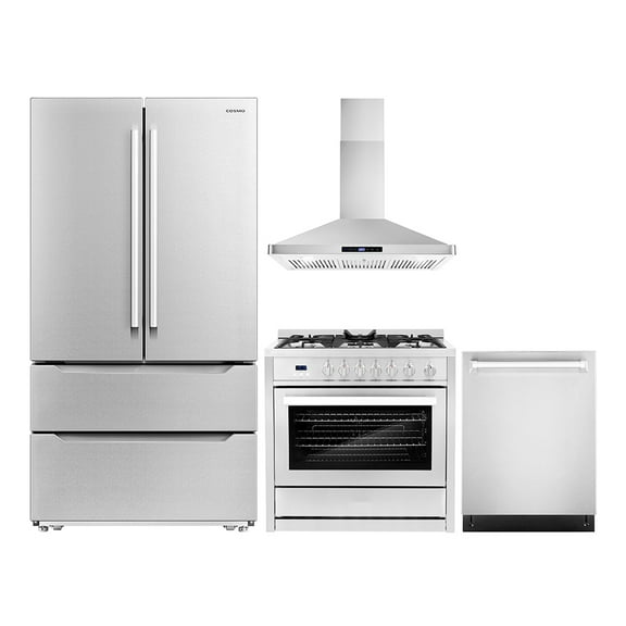 Cosmo 4 Piece Kitchen Appliance Package with 36" Freestanding Gas Range 36" Wall Mount Range Hood 24" Built-in Integrated Dishwasher & French Door Refrigerator Kitchen Appliance Bundles