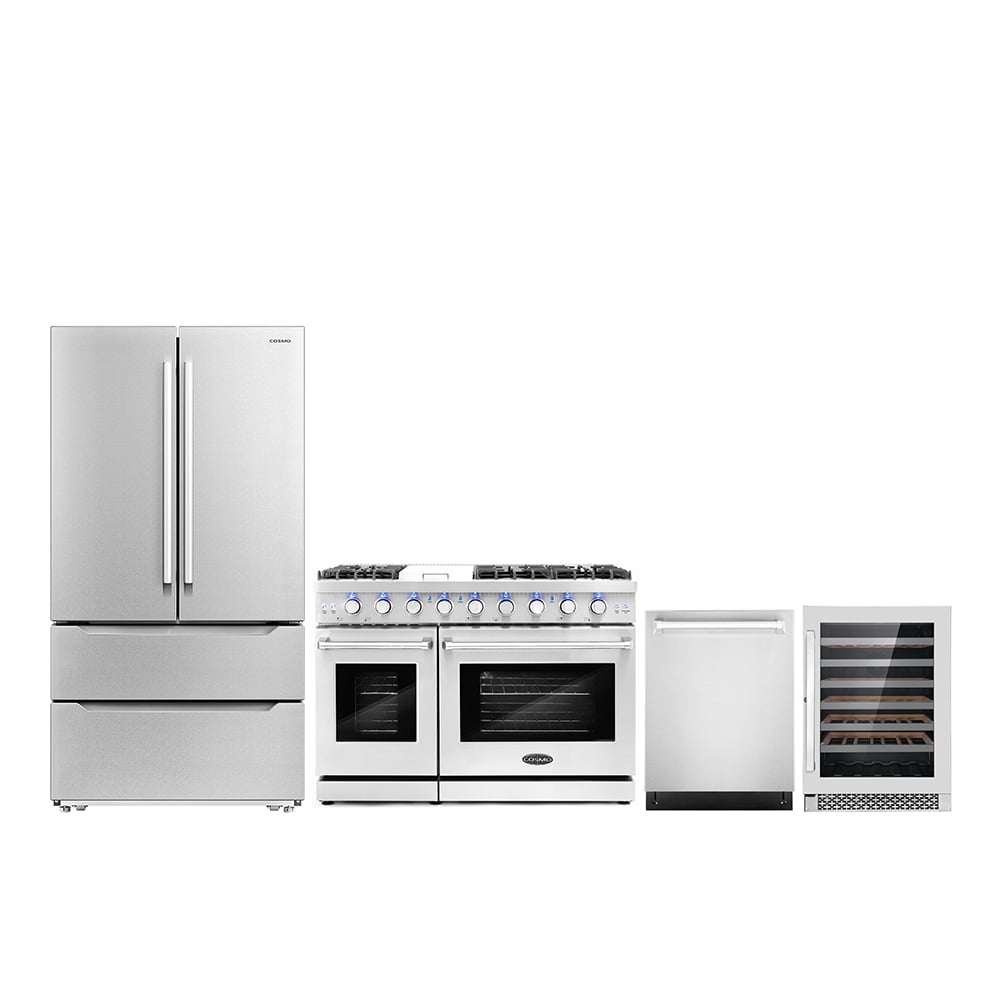 Cosmo 4 Piece Kitchen Appliance Package with 48" Freestanding Gas Range 24" Built-in Integrated ...