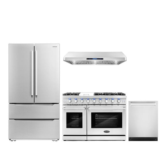 Cosmo 4 Piece Kitchen Appliance Package with 48" Freestanding Gas Range 48" Under Cabinet Range Hood 24" Built-in Integrated Dishwasher & French Door Refrigerator Kitchen Appliance Bundles