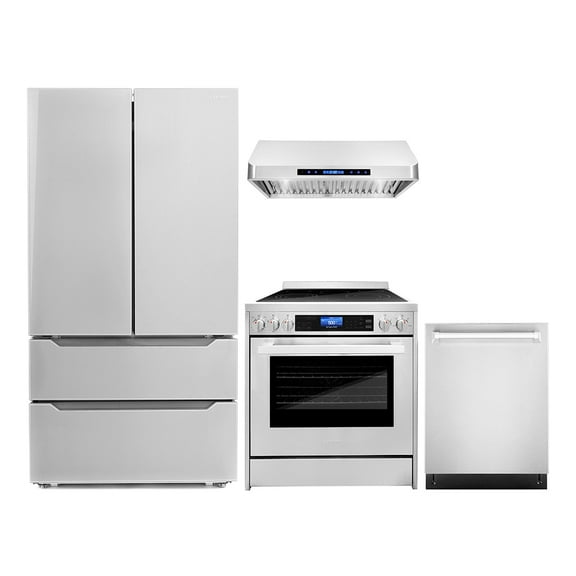 Cosmo 4 Piece Kitchen Appliance Packages with 30" Freestanding Dual Fuel Range 30" Island Range Hood 24" Built-in Integrated Dishwasher & French Door Refrigerator Kitchen Appliance Bundles