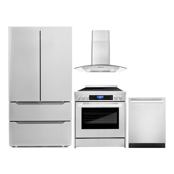 Cosmo 4 Piece Kitchen Appliance Packages with 30" Freestanding Electric Range 30" Wall Mount Range Hood 24" Built-in Integrated Dishwasher & French Door Refrigerator Kitchen Appliance Bundles