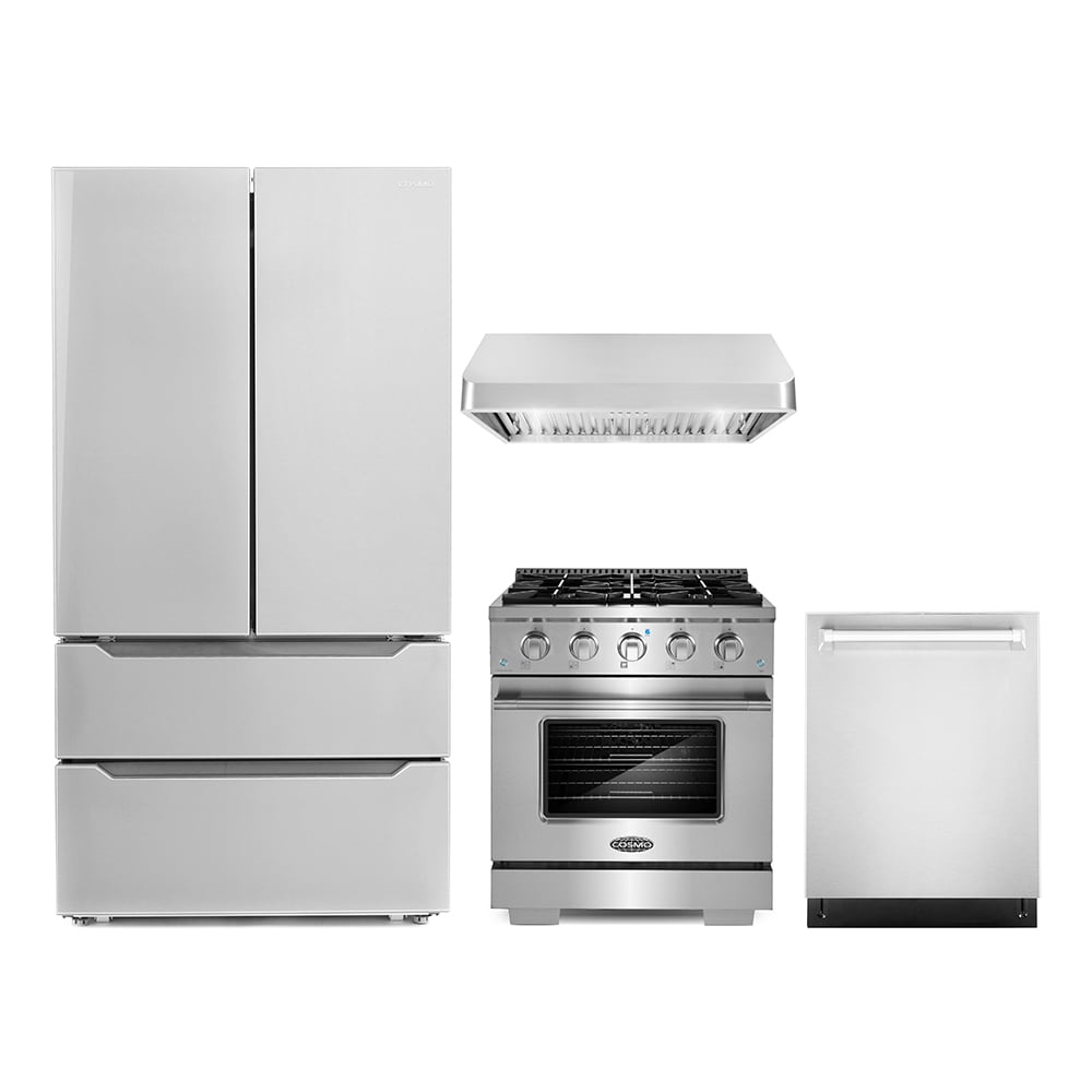 Cosmo 4 Piece Kitchen Appliance Packages with 30" Freestanding Gas Range 30" Under Cabinet Range Hood 24" Built-in Integrated Dishwasher & French Door Refrigerator Kitchen Appliance Bundles