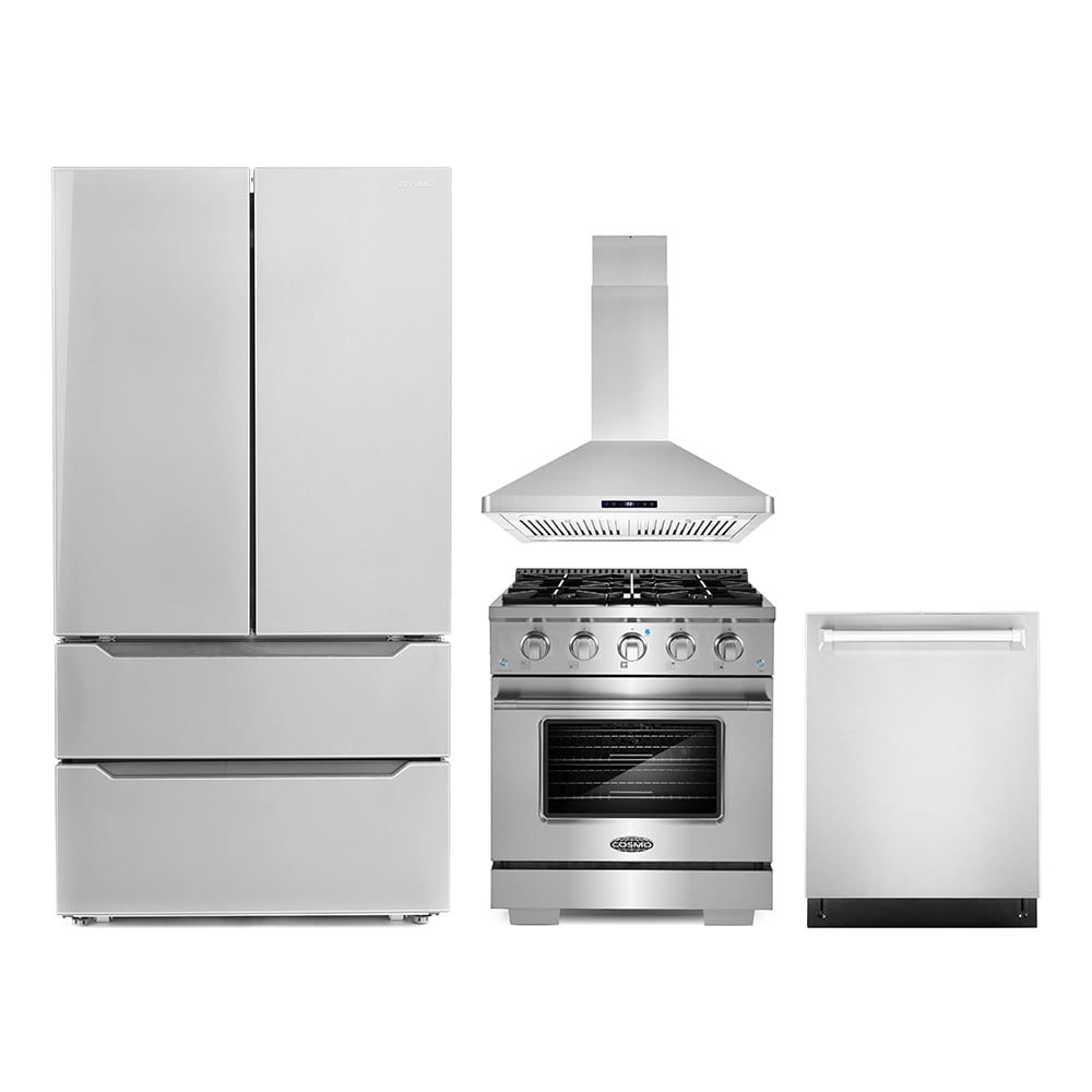 Cosmo 4 Piece Kitchen Appliance Packages with 30" Freestanding Gas Range 30" Island Range Hood 24" Built-in Integrated Dishwasher & French Door Refrigerator Kitchen Appliance Bundles