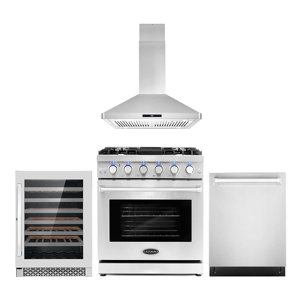 Cosmo 4 Piece Kitchen Appliance Packages with 30" Freestanding Gas Range 30" Island Mount Range Hood 24" Built-in Dishwasher & 48 Bottle Freestanding Wine Refrigerator Kitchen Appliance Bundles