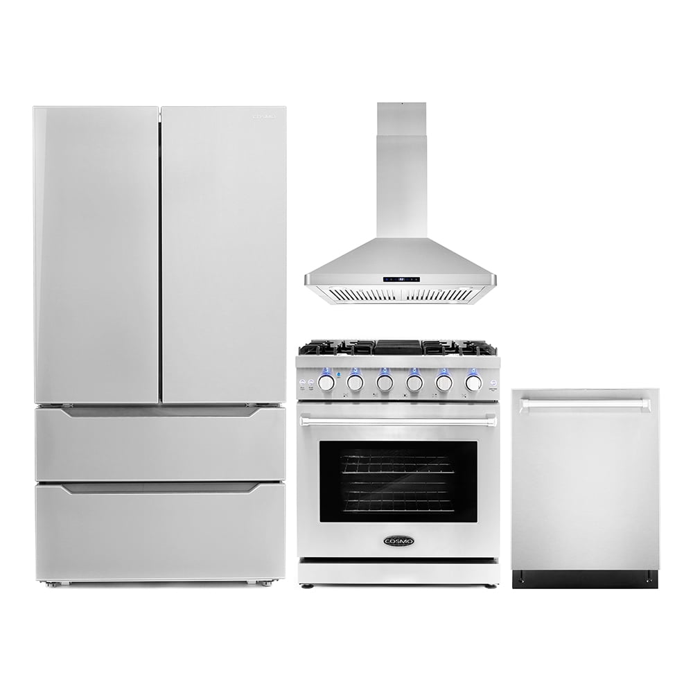 Cosmo 4 Piece Kitchen Appliance Packages with 30" Freestanding Gas Range 30" Island Mount Range Hood 24" Built-in Integrated Dishwasher & French Door Refrigerator Kitchen Appliance Bundles