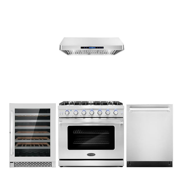 Cosmo 4 Piece Kitchen Appliance Packages with 30" Freestanding Gas Range 30" Under Cabinet Range Hood 24" Built-in Dishwasher & 48 Bottle Freestanding Wine Refrigerator Kitchen Appliance Bundles