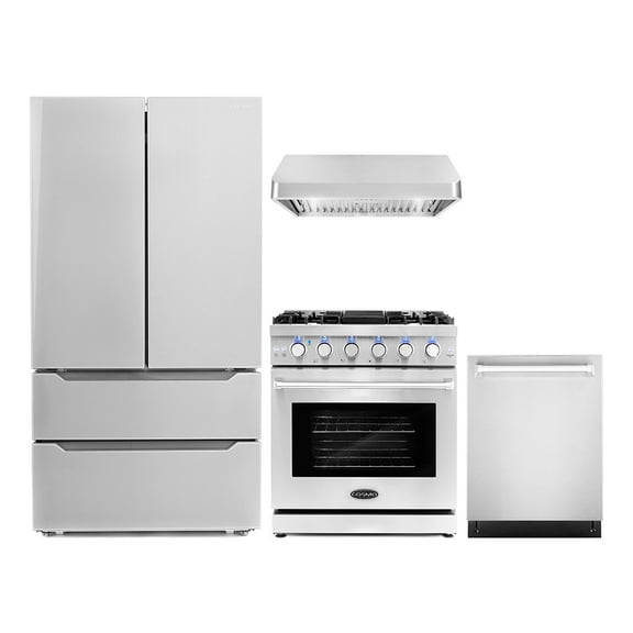 Cosmo 4 Piece Kitchen Appliance Packages with 30" Freestanding Gas Range 30" Under Cabinet Range Hood 24" Built-in Integrated Dishwasher & French Door Refrigerator Kitchen Appliance Bundles