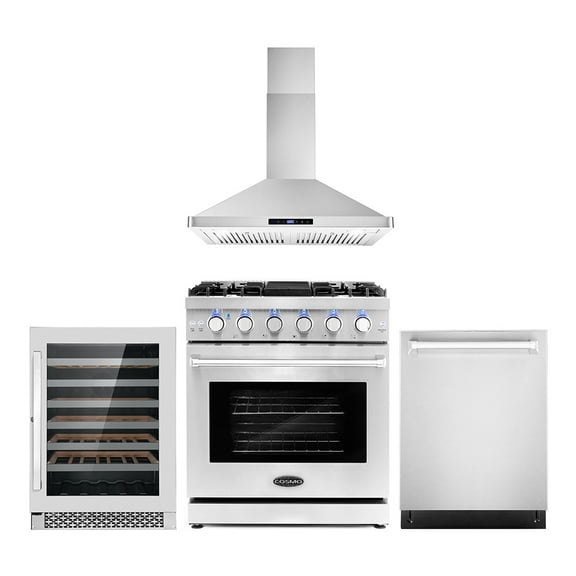 Cosmo 4 Piece Kitchen Appliance Packages with 30" Freestanding Gas Range 30" Wall Mount Range Hood 24" Built-in Dishwasher & 48 Bottle Freestanding Wine Refrigerator Kitchen Appliance Bundles