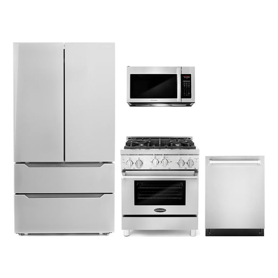 Cosmo 4 Piece Kitchen Appliance Packages with 30" Over The Range Microwave 30" Freestanding Gas Range 24" Built-in Integrated Dishwasher & French Door Refrigerator Kitchen Appliance Bundles