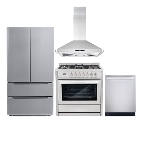 Cosmo 4 Piece Kitchen Appliance Packages with 36" Freestanding 220/240V Dual Fuel Range 36" Island Range Hood 24" Built-in Integrated Dishwasher & French Door Refrigerator Kitchen Appliance Bundles