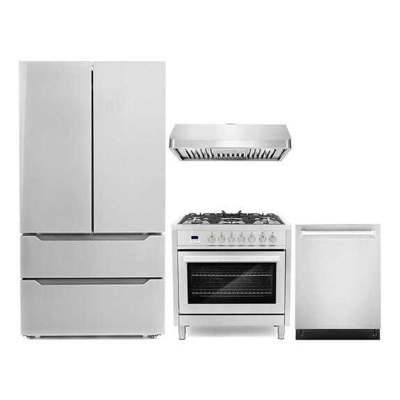 Cosmo 4 Piece Kitchen Appliance Packages with 36" Freestanding 220/240V Dual Fuel Range 36" Under Cabinet 24" Built-in Integrated Dishwasher & French Door Refrigerator Kitchen Appliance Bundles