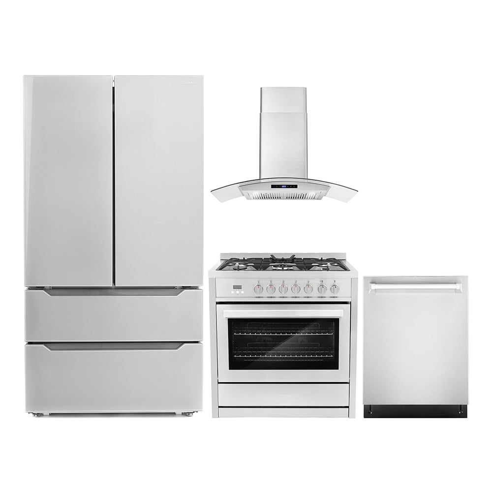 Cosmo 4 Piece Kitchen Appliance Packages with 36" Freestanding 220/240V Dual Fuel Range 36" Wall Mount Range Hood 24" Built-in Dishwasher & French Door Refrigerator Kitchen Appliance Bundles